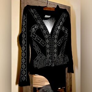 Rhinestone long sleeve black bodysuit open back.